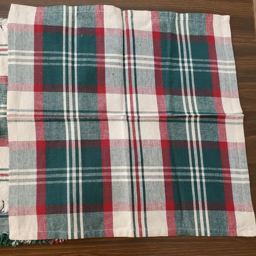 Vintage Plaid Placemats w Napkins 2 sets Red Green Fringe Woven 17x12